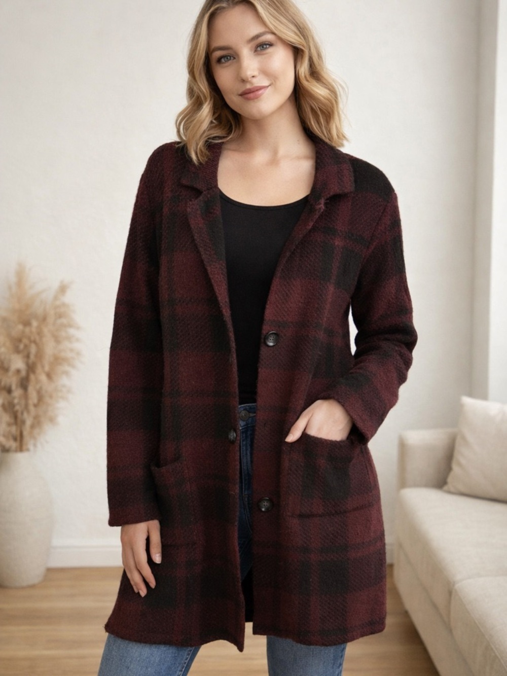 Dex Burgundy and Black Knit Plaid Coatigan